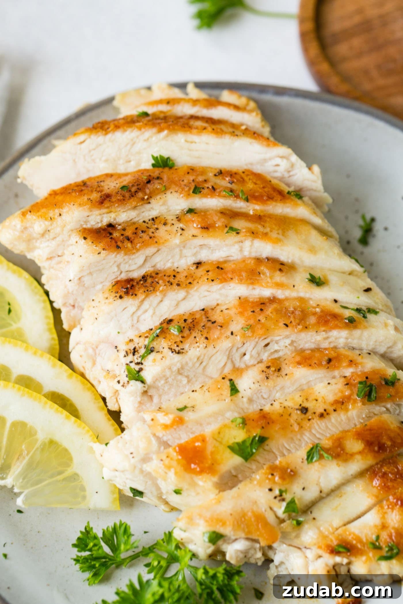 Perfectly Pan-Seared Chicken 6 A perfectly cooked chicken breast that has been sliced. There are slices of lemon next to the chicken and a few fresh parsley leaves are scattered on to of the chicken.