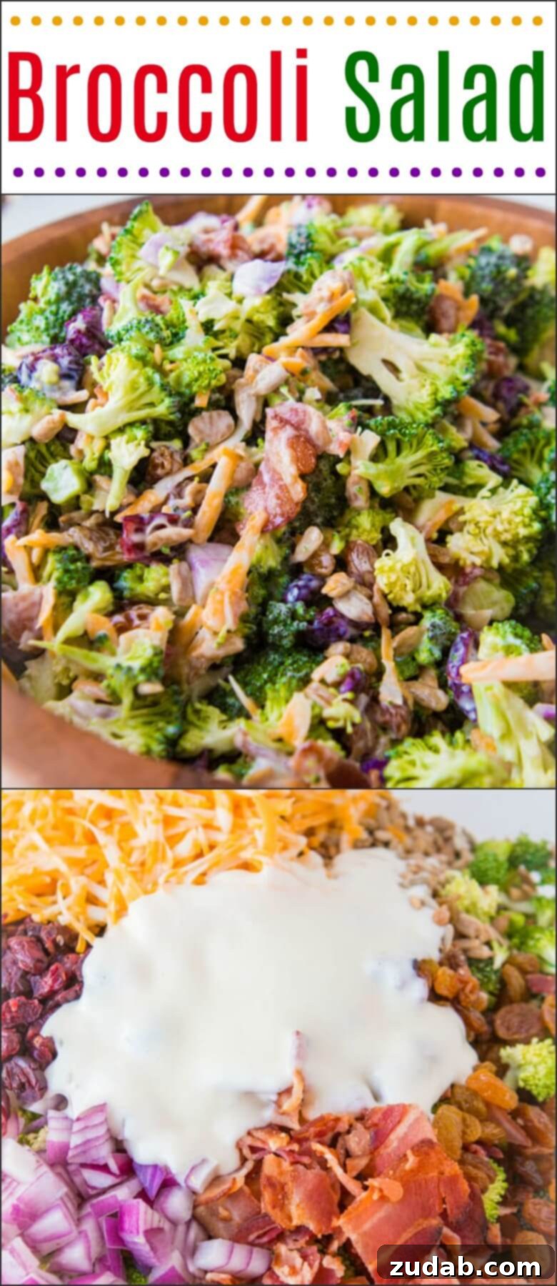 Your New Favorite Broccoli Salad 3 Everyone's favorite quick and easy side for our BEST broccoli salad recipe that's perfect for potlucks and BBQs. Plus it has bacon in it! golden raisins, craisins, sunflower seeds, bacon, frozen peas, red onion