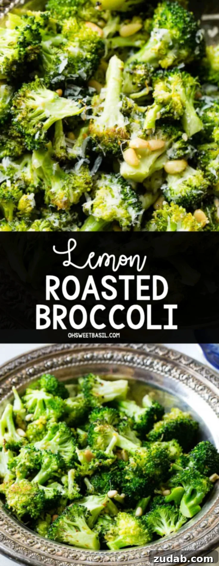 Bright Lemon Roasted Broccoli 6 A final close-up of the delicious lemon roasted broccoli with toasted pine nuts and Parmesan cheese in a vintage silver bowl, showcasing its readiness to be savored.