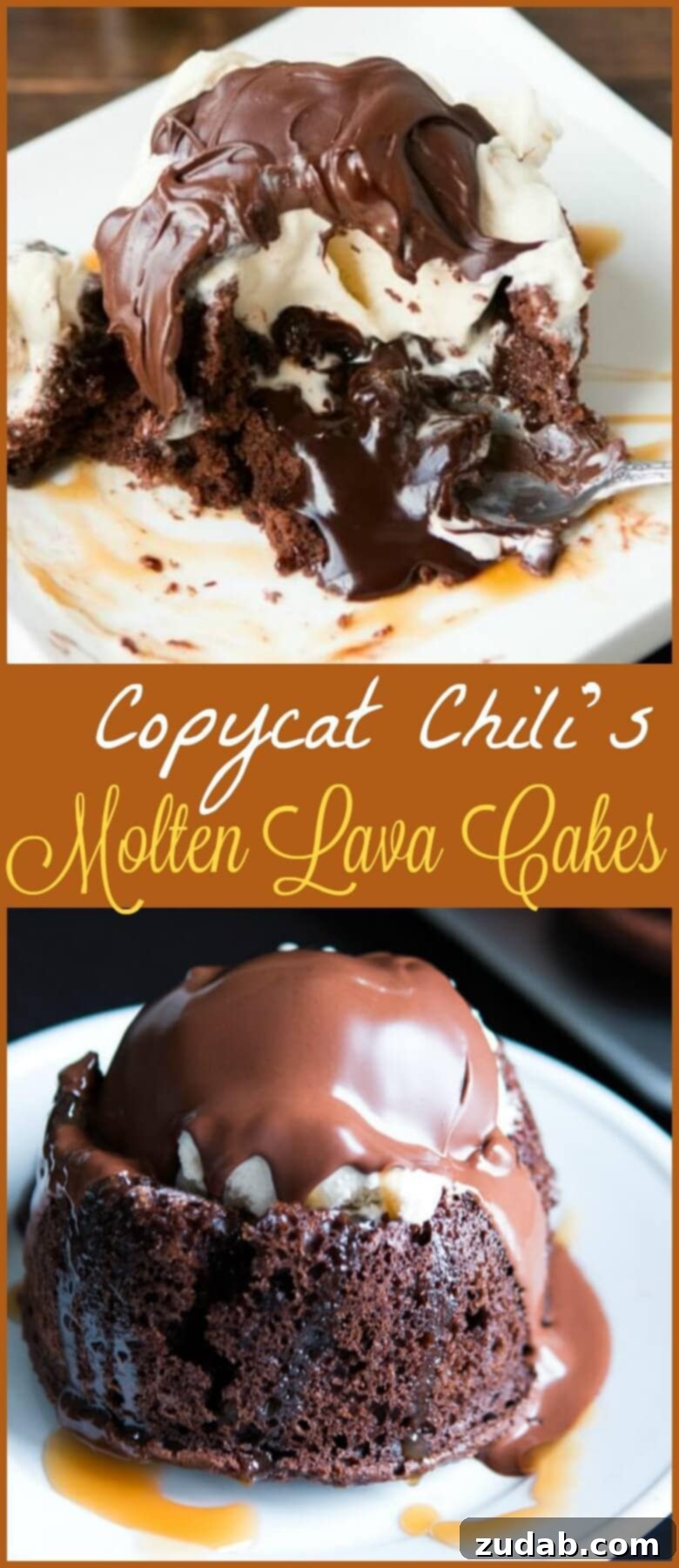 Perfect Copycat Chili's Molten Lava Cakes 4 A beautifully presented homemade molten lava cake with a rich, dark chocolate interior, topped with a scoop of vanilla ice cream and delicate chocolate curls.