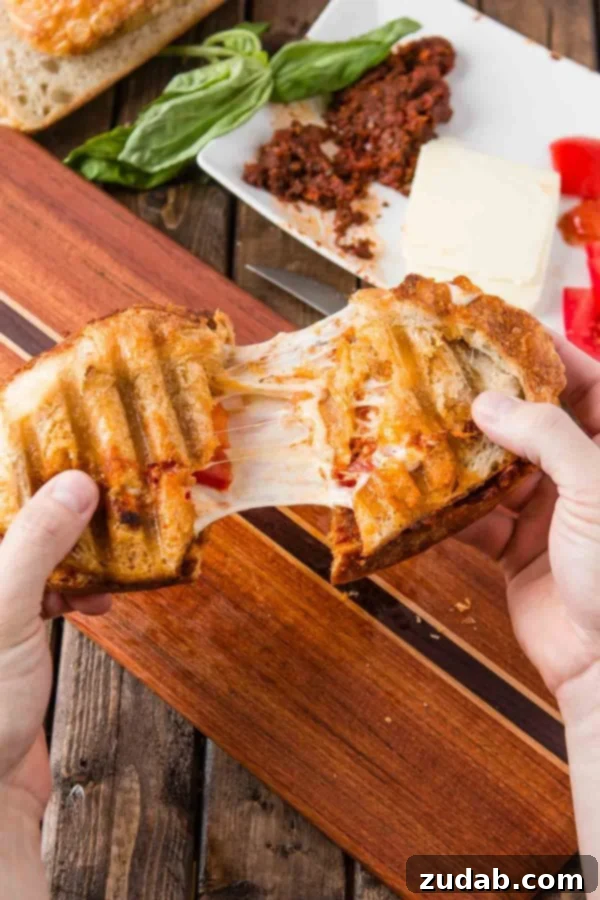 Delicious Sun-Dried Tomato Pesto Panini with golden grill marks Close-up of toasted Sun-Dried Tomato Pesto Panini, showcasing grill marks and melted cheese