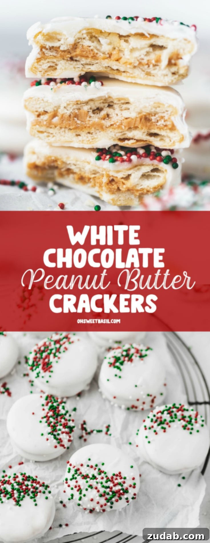 White Chocolate Peanut Butter Crunch Bites 3 Peanut butter filled ritz crackers with white chocolate frosting on t