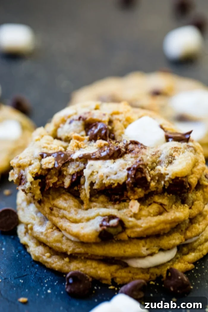 A beautiful stack of golden brown S'mores Chocolate Chip Cookies on a dark background, ready to be enjoyed.