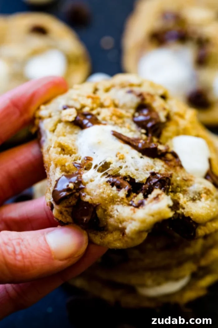 A perfectly baked S'mores Chocolate Chip Cookie, showcasing its golden crust, melted chocolate chunks, and slightly toasted marshmallow on a dark background.
