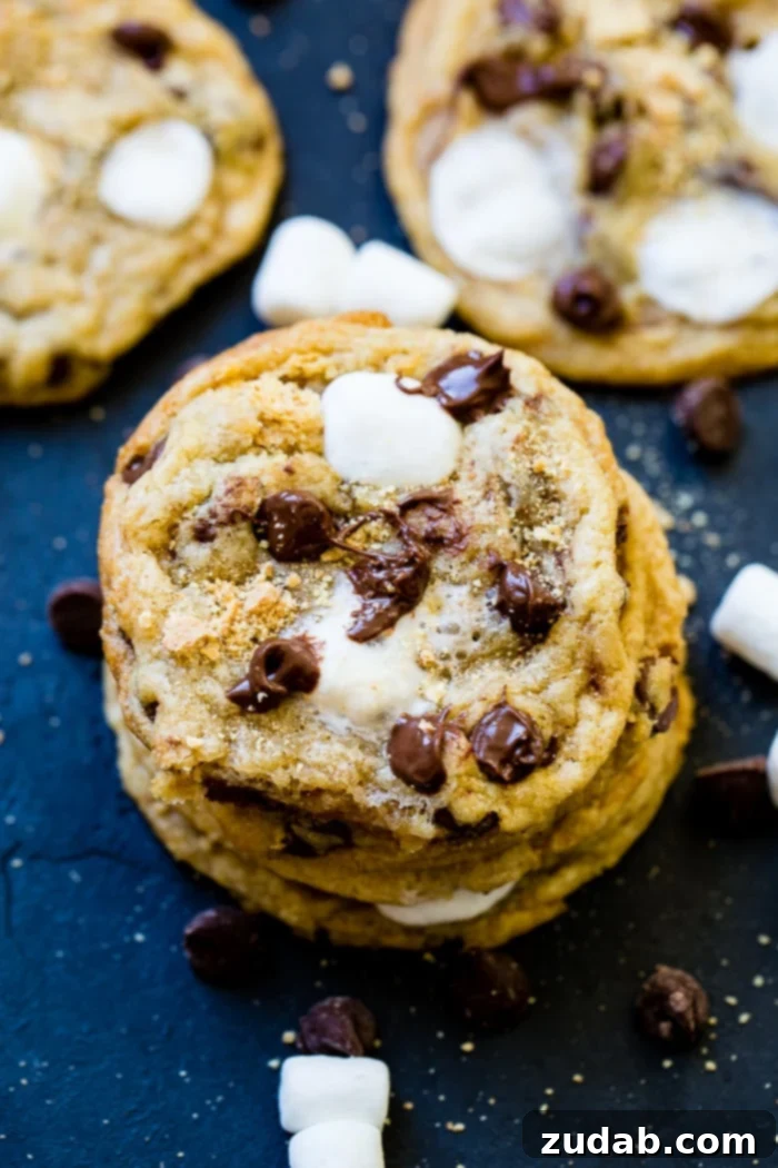A close-up of a stack of S'mores Chocolate Chip Cookies, with one being separated to show the stretchy, golden-brown marshmallow. The dark background emphasizes the warm colors of the cookies.