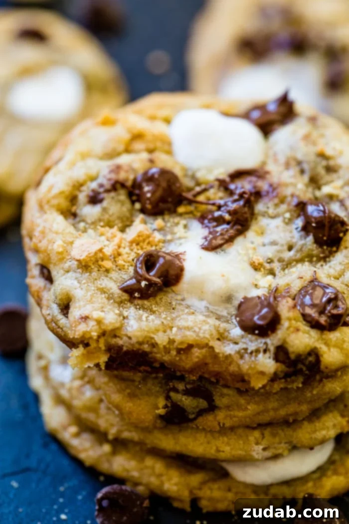 A visually appealing stack of chocolate chip S'mores cookies, highlighting the melty chocolate and toasted marshmallows, against a dark, enticing background.
