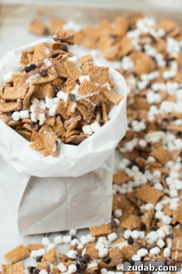 A bowl filled with S'mores Munchies Mix, featuring Golden Grahams cereal, chocolate chunks, and mini marshmallows, set against a rustic background. A perfect easy snack.