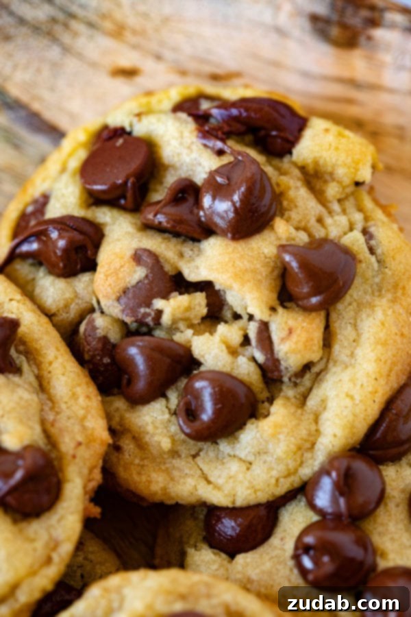 Gooey Chocolate Chip Cookies A tantalizing stack of warm, gooey chocolate chip pudding cookies, showing their soft centers and abundant chocolate chips.