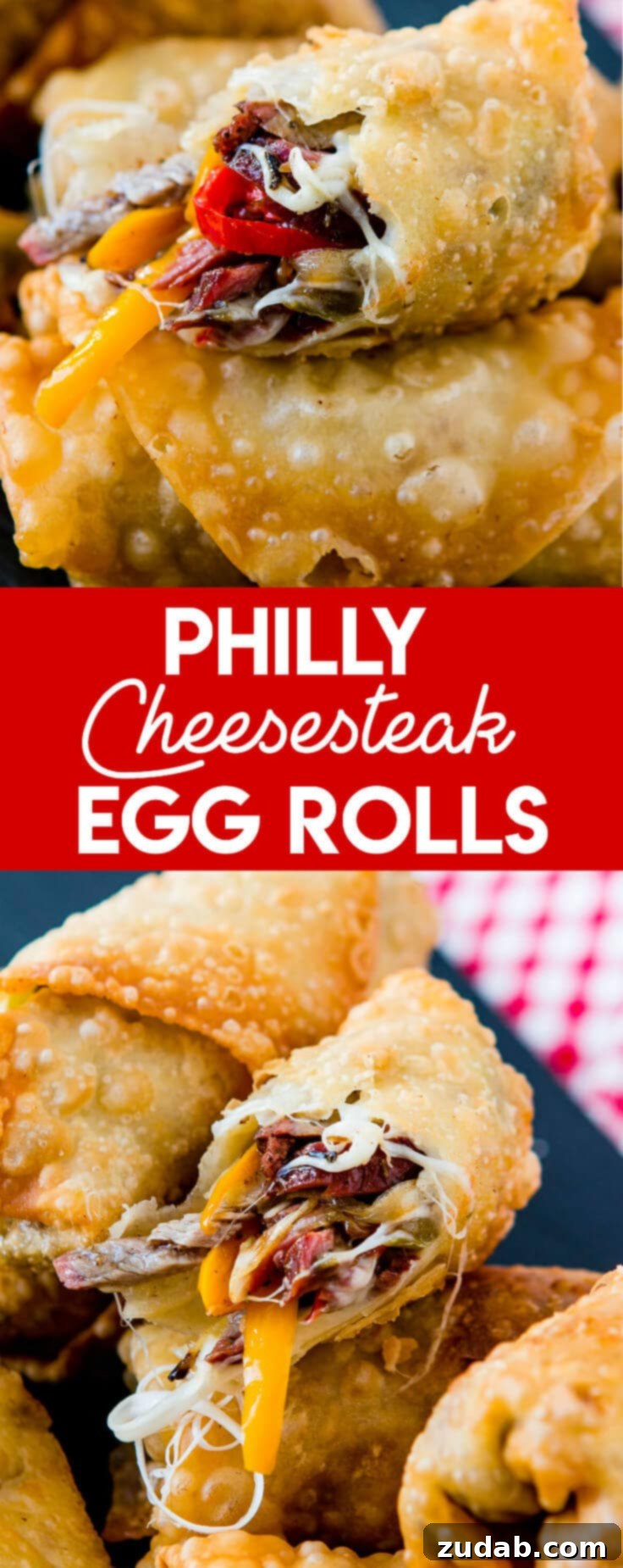 Crispy Philly Cheesesteak Egg Rolls 6 A platter of golden-brown Philly Cheesesteak Egg Rolls, a delicious and crispy appetizer for any occasion.