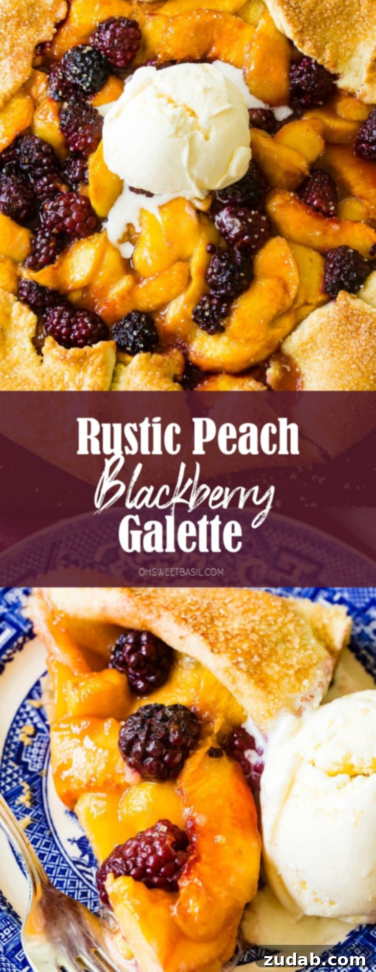 Summer Peach and Blackberry Galette 3 A final appealing shot of the peach blackberry galette, sliced and ready to be served. The rich fruit filling and the perfectly baked, golden-brown crust are prominently displayed, highlighting the deliciousness and rustic elegance of the dessert.