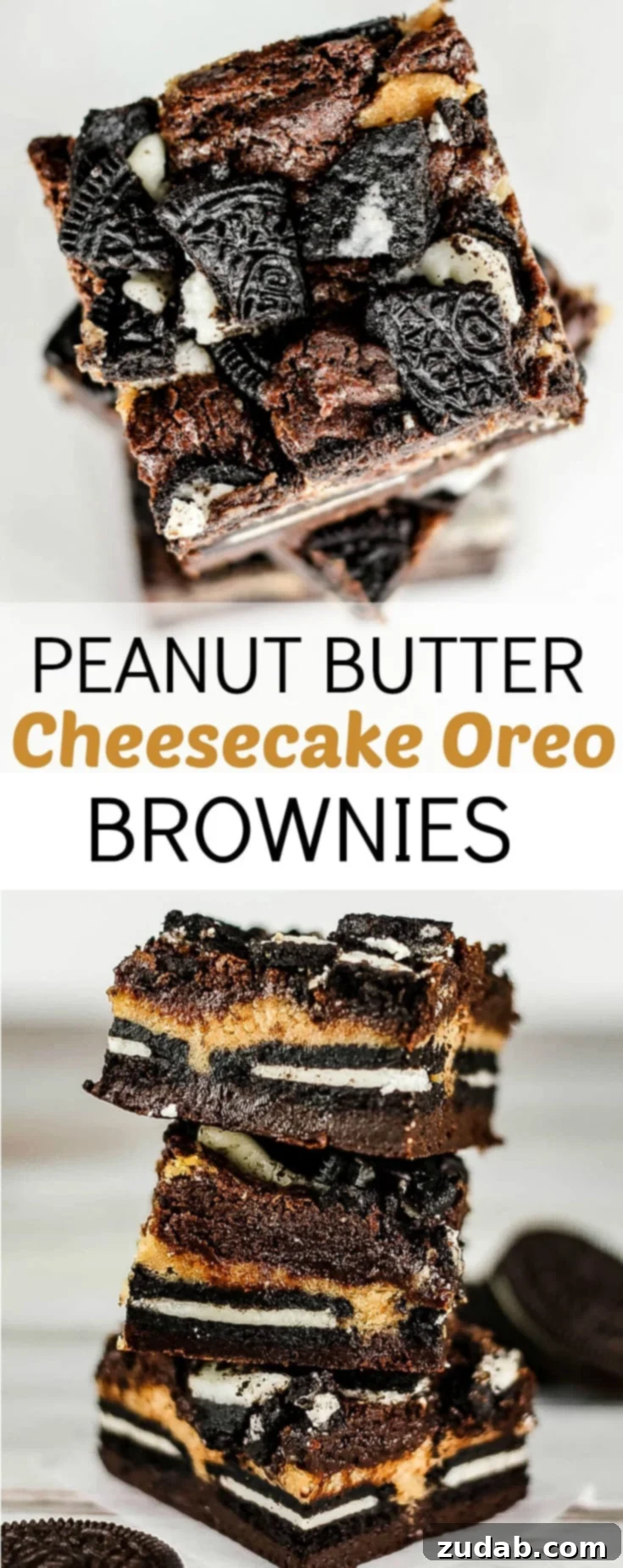 Decadent Peanut Butter Oreo Cheesecake Brownies 6 Peanut Butter Cheesecake Oreo Brownies with five layers of brownie, cheesecake, and cookies. These promise to be out of this world good!