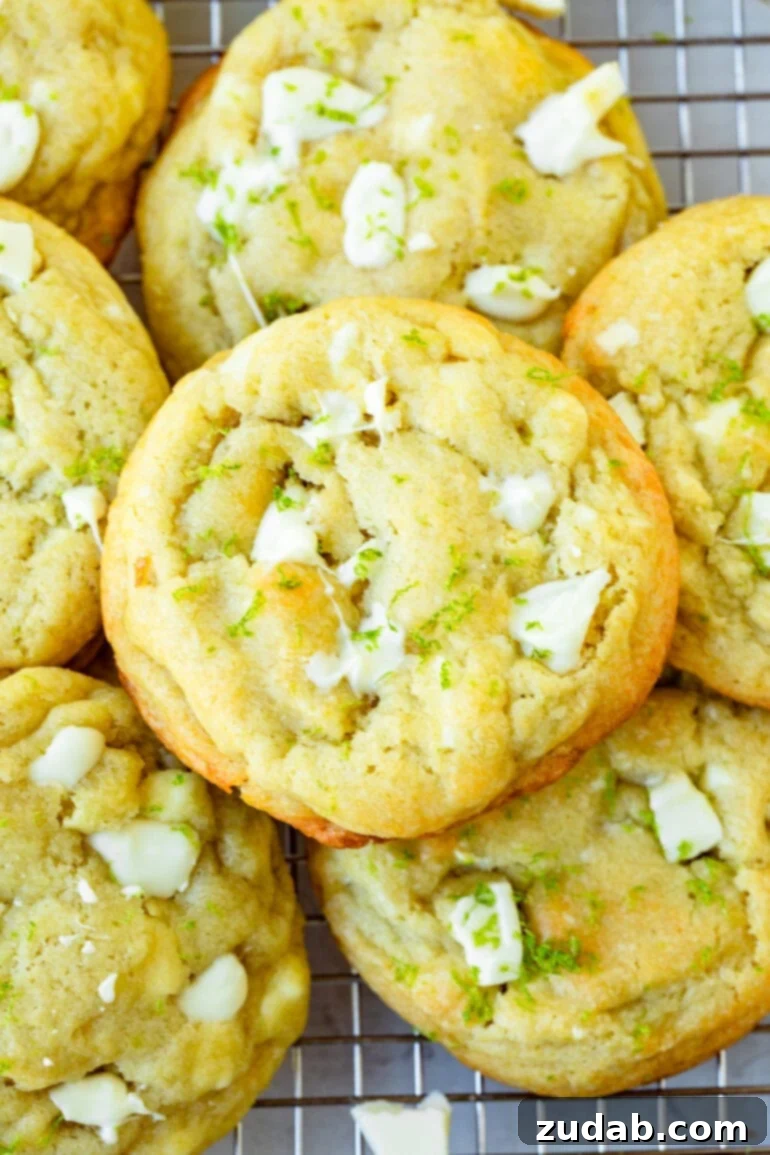 Zesty White Chocolate Key Lime Cookies 2 a photo of several golden baked cookies loaded with white chocolate chunks and lime zest.