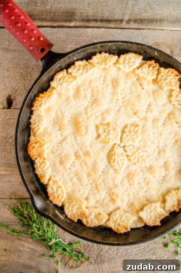 Weeknight Skillet Beef Pot Pie 9 A 30 Minute Skillet Beef Pot Pie fresh from the oven sits on a table waiting to be eaten.