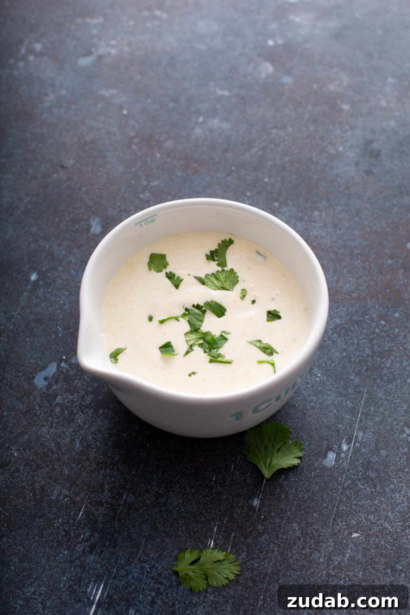 A white bowl of sweet corn crema. It is creamy white and has fresh cilantro leaves sprinkled on top, showcasing its smooth texture and vibrant garnish.