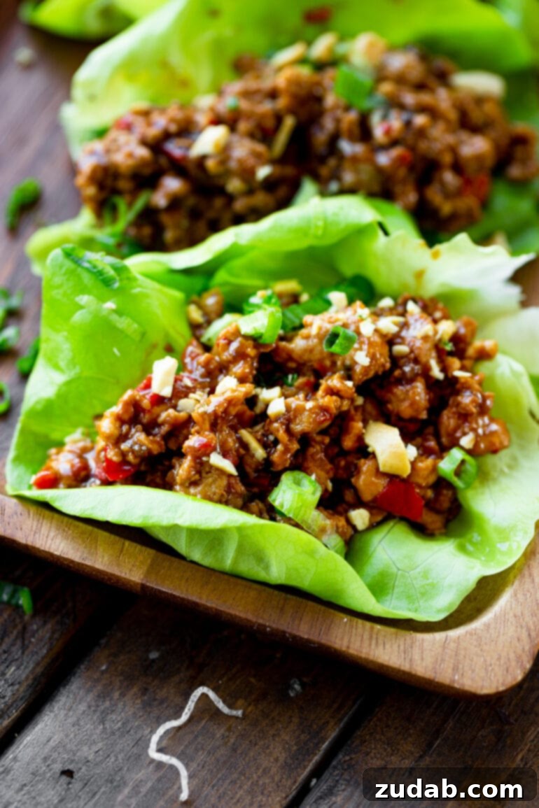 A close-up of a single vibrant green lettuce leaf, perfectly filled with a succulent mixture of minced turkey, red onions, and other colorful vegetables, all coated in a rich, savory sauce.