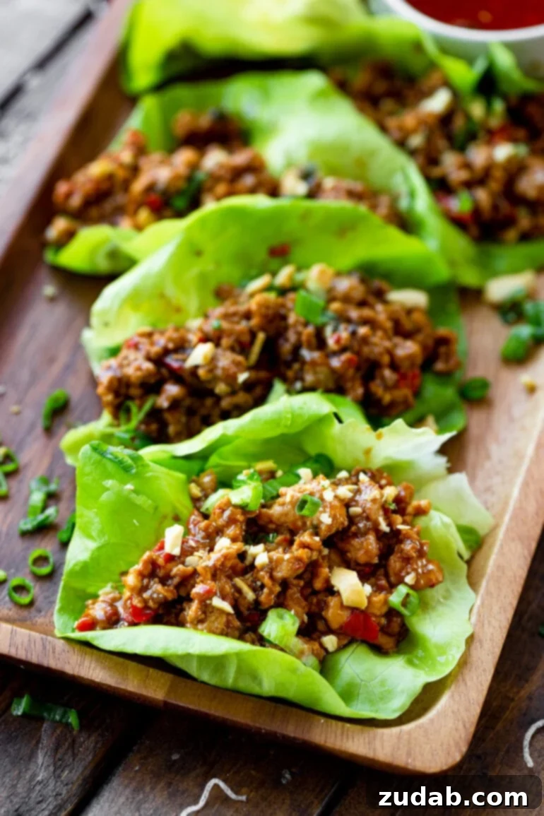 A tantalizing spread of several saucy Thai peanut turkey lettuce wraps, artfully arranged and ready to be enjoyed.