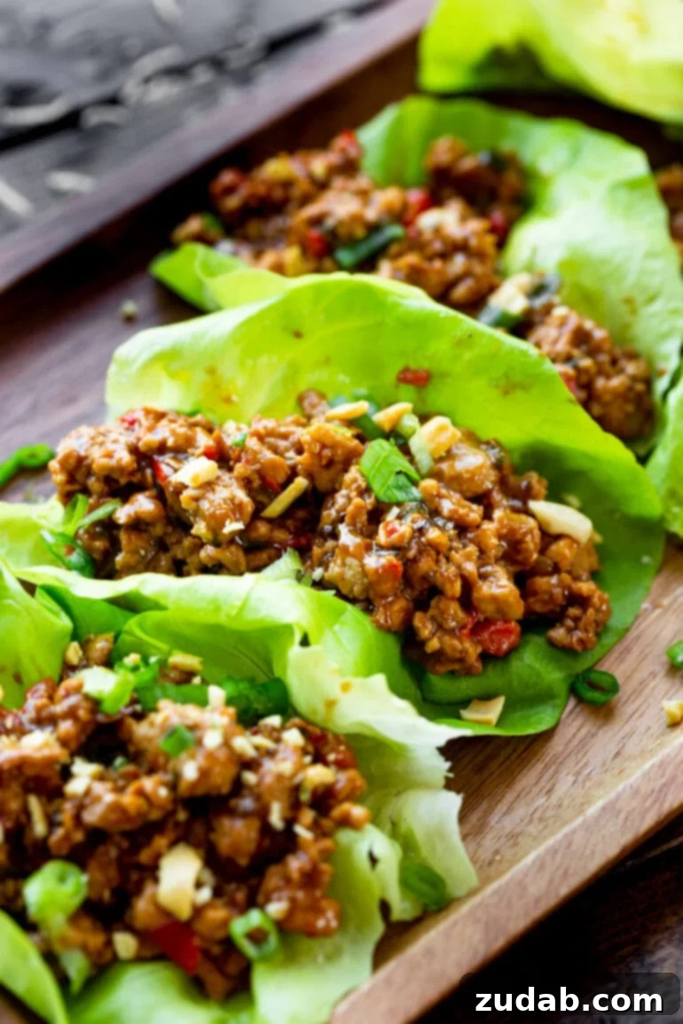 A stunning arrangement of multiple Thai peanut turkey lettuce wraps, showcasing their vibrant colors and appealing textures, ready for a delicious meal.