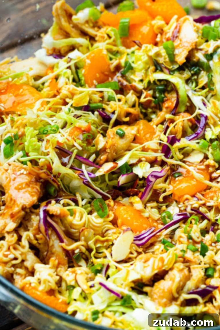 a close up photo of ramen oriental chicken salad with purple and green cabbage, mandarin oranges and crunchy ramen noodles.