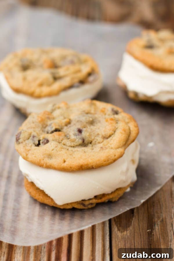 Craft the ultimate dessert: milk chocolate chip cookie ice cream sandwiches. Recipe at ohsweetbasil.com