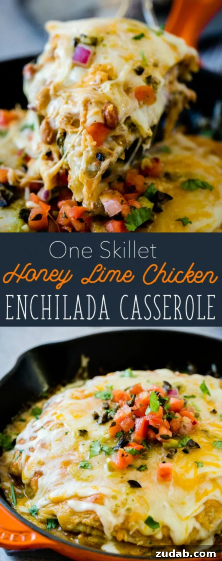 One-Pan Honey-Lime Chicken Enchilada Bake 7 One Skillet Honey Lime Chicken Enchiladas Casserole in a cast iron pan, ready to serve