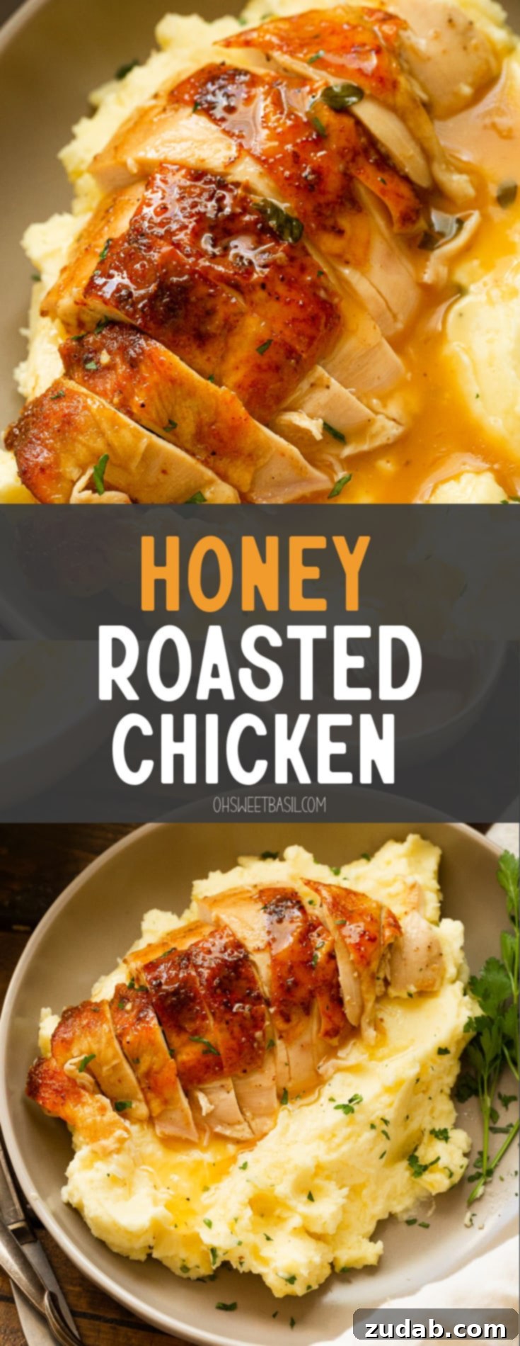 Irresistible Honey Roasted Chicken 12 A photo of a serving of creamy mashed potatoes topped with gravy and golden roasted chicken breast that has been sliced