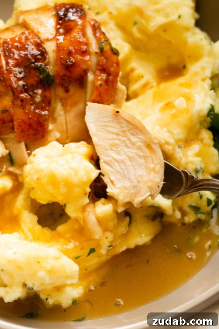 Irresistible Honey Roasted Chicken 7 A tender piece of golden roasted chicken breast rests delicately on a generous serving of creamy mashed potatoes, adorned with a drizzle of rich gravy.