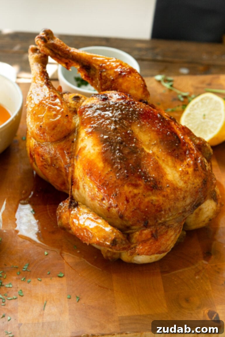 Irresistible Honey Roasted Chicken 8 A whole, golden roasted chicken sits invitingly on a wooden cutting board, with a halved lemon placed beside it, suggesting fresh, zesty flavors.