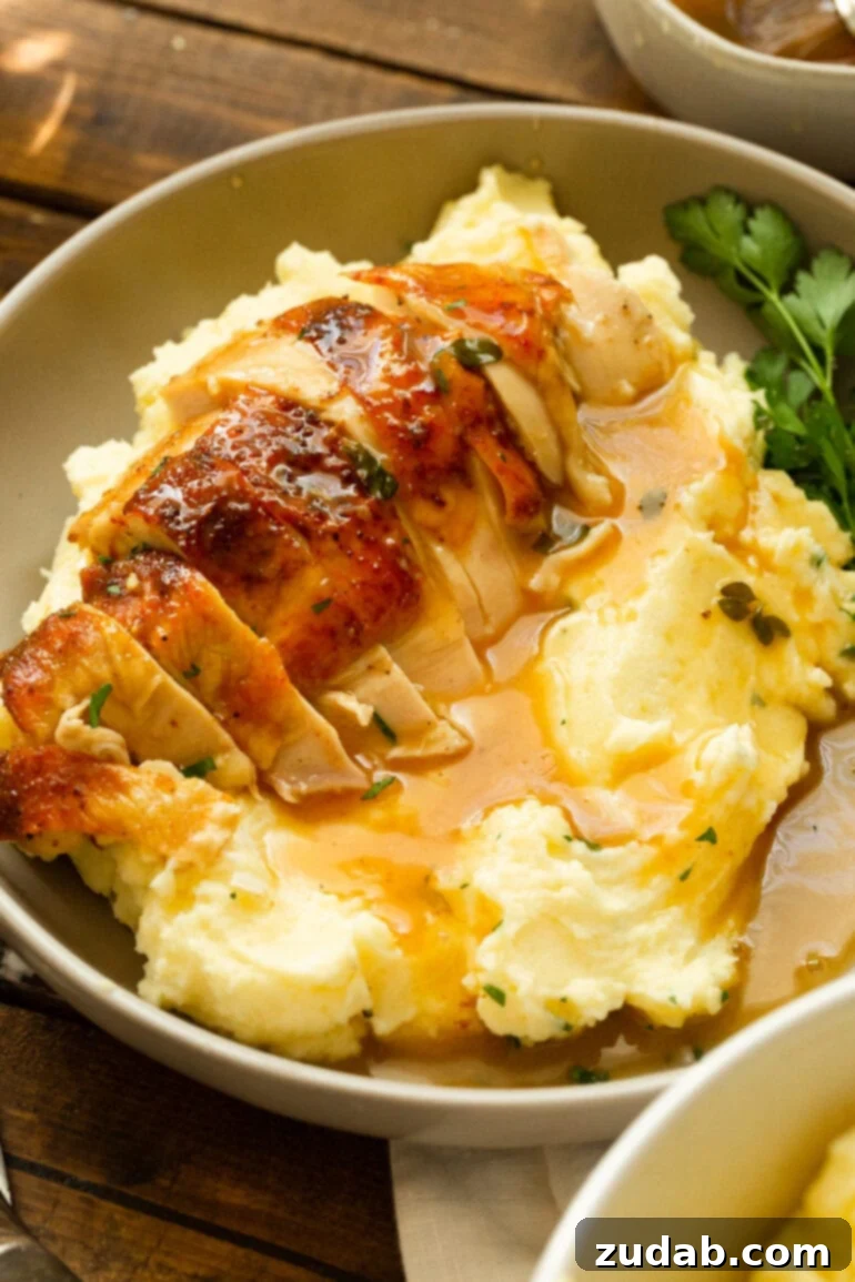 Irresistible Honey Roasted Chicken 10 A hearty serving of creamy mashed potatoes is generously topped with rich gravy and succulent slices of golden roasted chicken breast, creating an inviting and comforting meal.