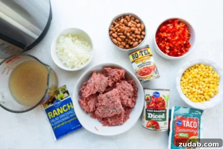 Easy Instant Pot Taco Soup 4 All the fresh and canned ingredients for Instant Pot taco soup laid out on a white surface, including ground beef, Rotel, pinto beans, cans of diced tomatoes, ranch seasoning powder, diced onions, and diced red bell pepper.