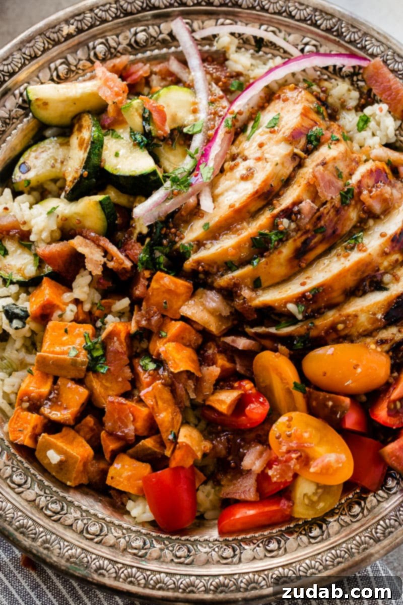 Delicious Honey Mustard Chicken with Spinach and Artichoke Rice Bowls, perfect for healthy holiday leftovers and quick healthy meals.