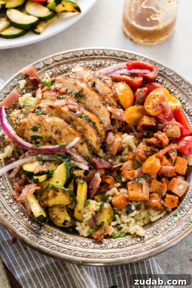 Honey Mustard Chicken Rice Bowls, a delicious and easy way to use up holiday leftovers and create a quick healthy meal.