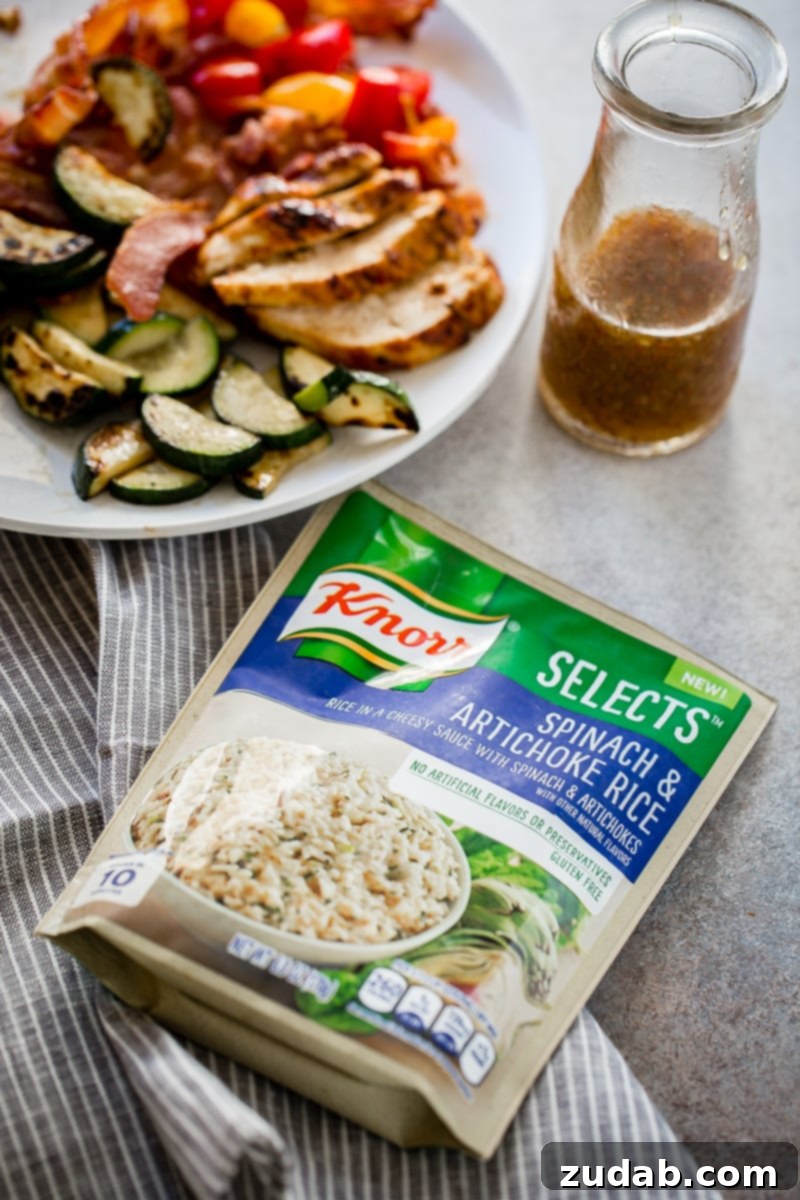 Knorr Selects Spinach & Artichoke Rice packaging, highlighting its role in delicious, quick, and healthy meals, especially for leftovers.