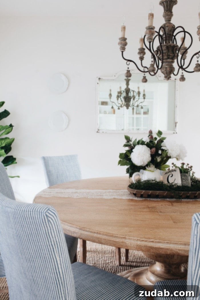 The stunning after photo of the French Country Dining Room, showcasing a round table, elegant chairs, and a welcoming atmosphere.