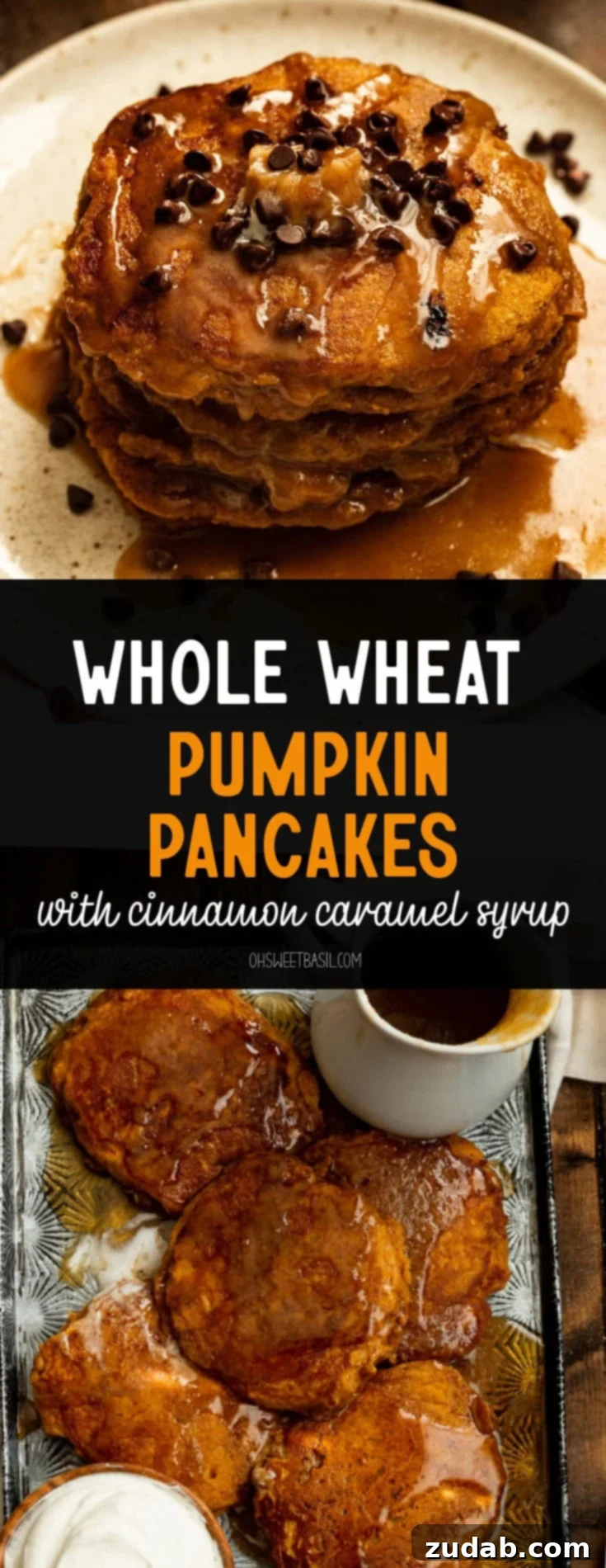Homemade Whole Wheat Pumpkin Pancakes with Cinnamon Caramel Syrup 10 A large, inviting stack of whole wheat pumpkin pancakes, beautifully topped with generous drizzles of cinnamon caramel syrup and a scattering of mini chocolate chips, capturing the essence of a perfect fall breakfast.