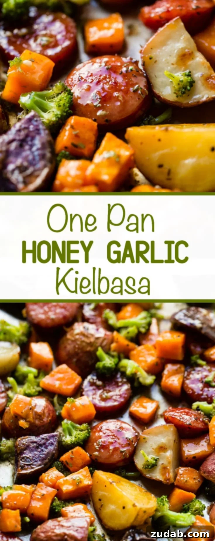 Sticky Honey Garlic Kielbasa Skillet 7 A vibrant and complete one-pan dinner featuring Honey Garlic Kielbasa, roasted potatoes, and fresh broccoli, perfect for an easy weeknight meal.