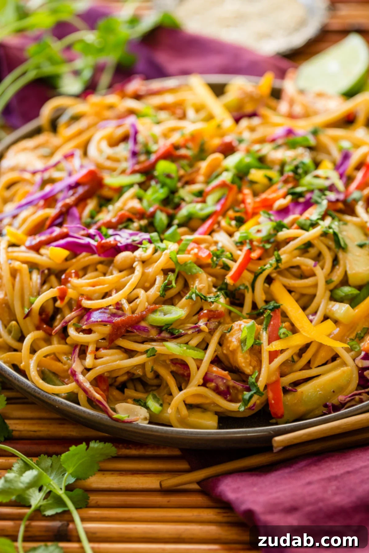 Thai Peanut Chicken Noodles 6 Overhead view of Thai Peanut Noodles with Chicken, garnished with fresh herbs and peanuts.