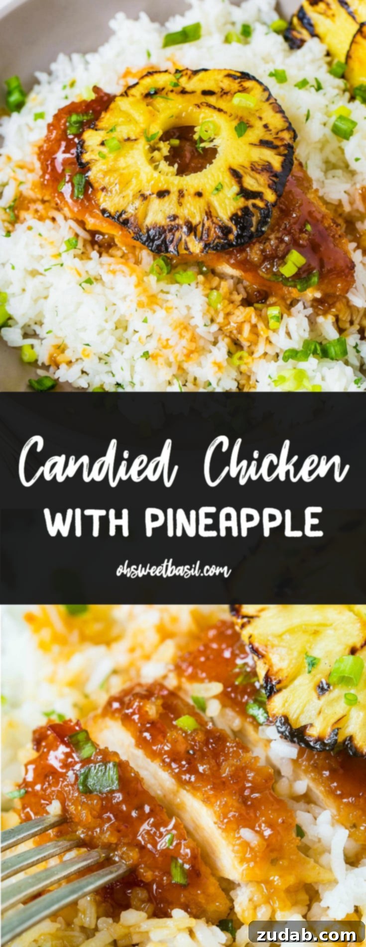 Speedy Sweet & Sour Pineapple Chicken 9 A sweet breaded chicken breast over a bed of rice with a grilled pineapple on top, making a delicious and easy dinner