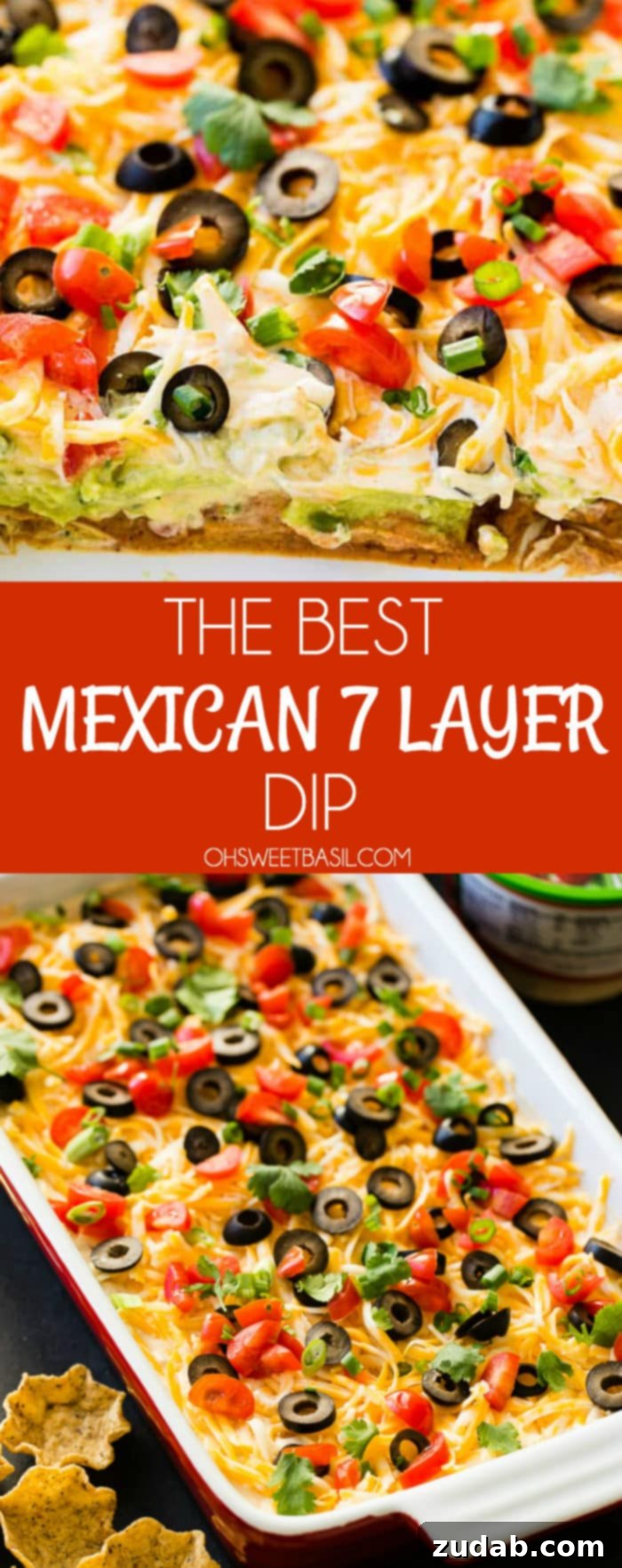 Ultimate Fiesta 7-Layer Dip 8 A captivating overhead shot of a perfectly prepared Mexican 7 layer dip in a large, inviting dish, complete with crispy tortilla chips scattered around, ready for sharing at any gathering.