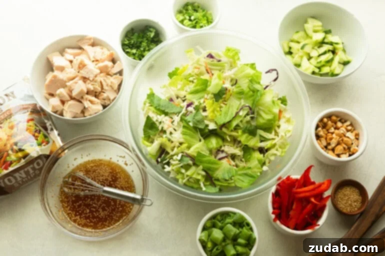 Crispy Wonton Chicken Salad 3 all the ingredients for wonton chinese chicken salad laid out in separate small bowls, showcasing fresh produce