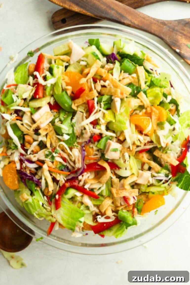 Crispy Wonton Chicken Salad 6 a large glass bowl of Chinese chicken salad with wontons, close up