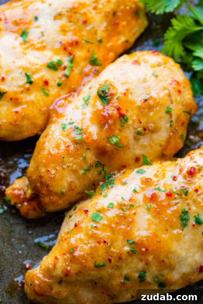 Zesty Italian Chicken 3 a dark plate with white meat with an apricot glaze
