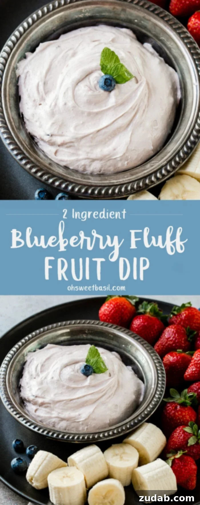 Blueberry Cloud Fruit Dip 7 A beautiful silver bowl filled to the brim with creamy Blueberry Fluff Fruit Dip, artfully arranged with a vibrant assortment of fresh fruits on the side, ready for dipping. The alt text highlights its appeal for spring recipes, ease of making with just two ingredients (cream cheese and marshmallow creme), and overall deliciousness, making it a perfect light dessert or party appetizer.