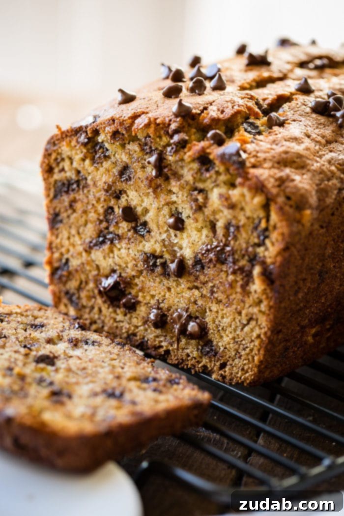Ultimate Banana Bread Recipe 3 Chocolate chip banana bread sliced in half, cooling on a rack, revealing its moist crumb and scattered chocolate chips.
