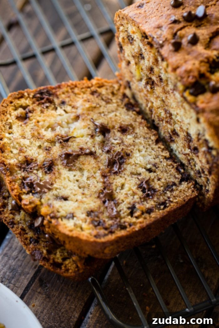 Ultimate Banana Bread Recipe 5 A tender loaf of chocolate chip banana bread cut in half, revealing its moist and flavorful interior.