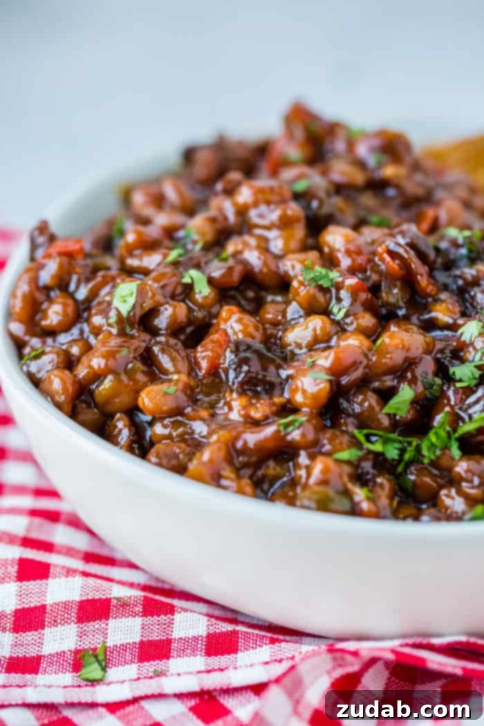 A white bowl full of saucy baked beans with chopped cilantro sitting on a red checkered napkin 