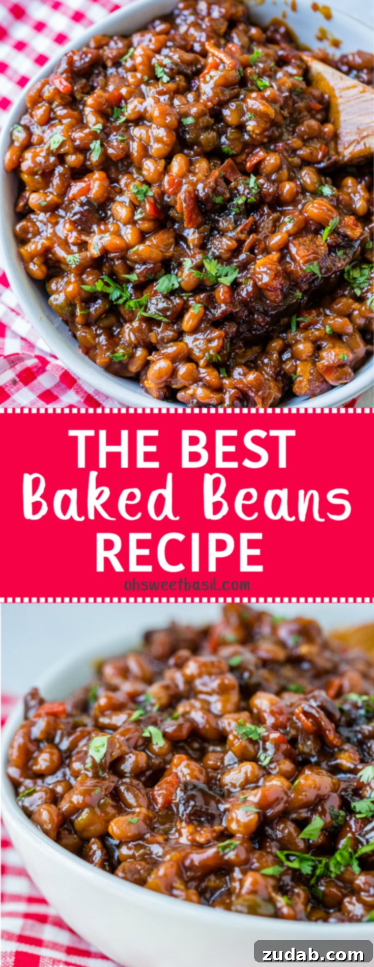 A white bowl full of a saucy BBQ Side with chopped cilantro sitting on a red checkered napkin