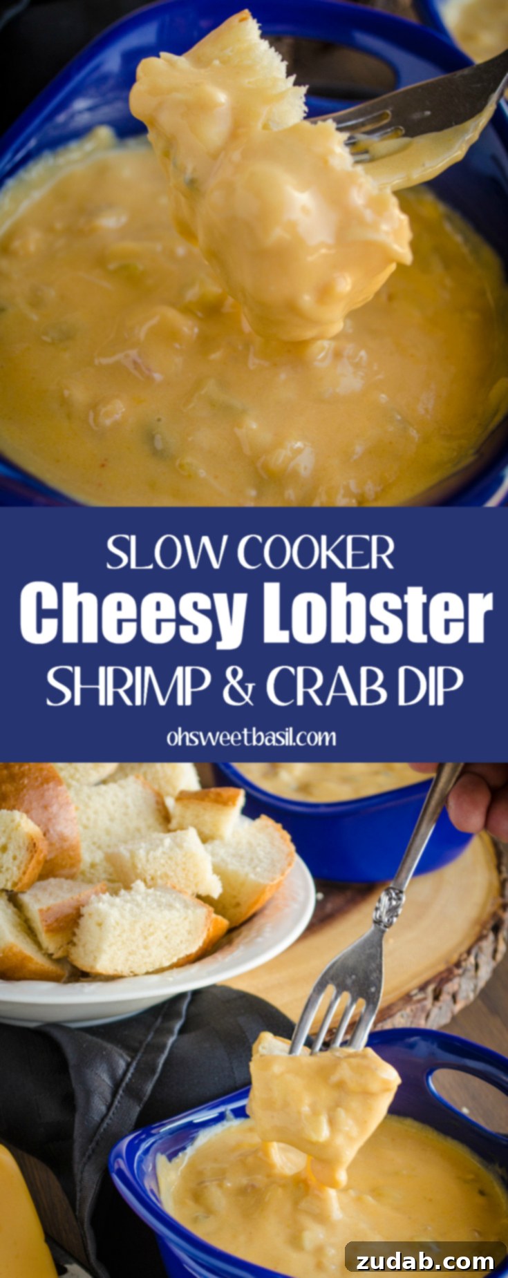 Ultimate Slow Cooker Cheesy Lobster Shrimp Crab Dip 10 A bright blue bowl with a Slow Cooker Cheesy Lobster Shrimp and Crab Dip inside, ready to be served.