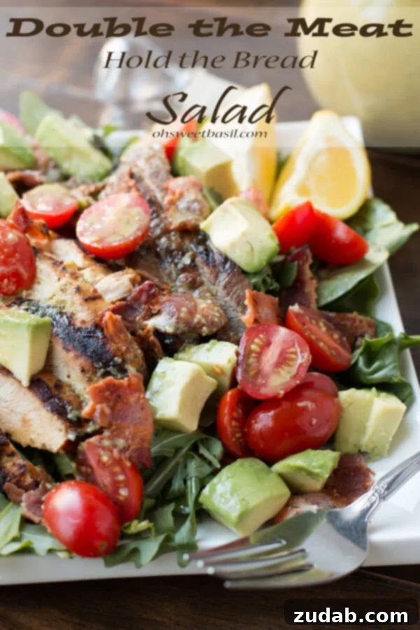 Zesty Orange Tarragon Grilled Chicken 5 I know, another salad, but holy deliciousness I insist you try it. Marinated steak and chicken, bacon, avocados, tomatoes and the best cilantro dressing ever! A generous BLT salad with grilled meat, avocado, and fresh greens.