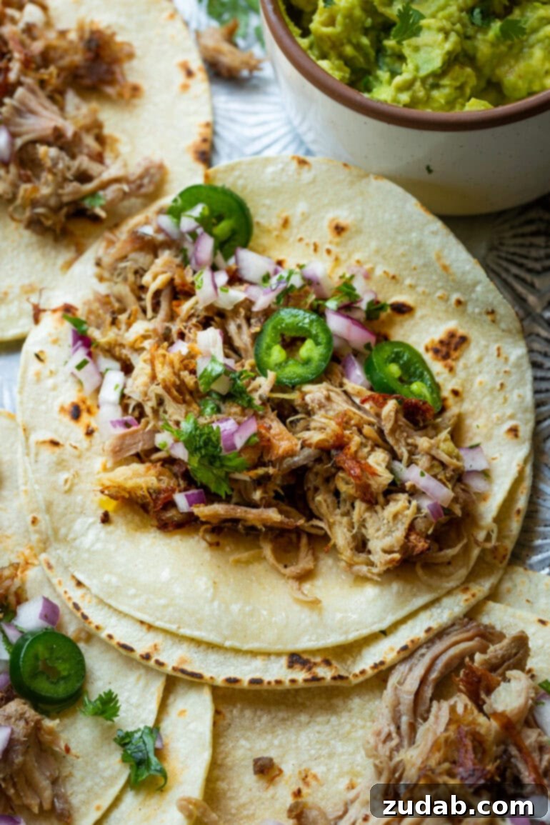 Crockpot Carnitas: Crispy & Juicy Pulled Pork 3 A close-up shot of a soft flour tortilla generously filled with tender shredded pork carnitas, fresh chopped onions, and vibrant sliced jalapeños.