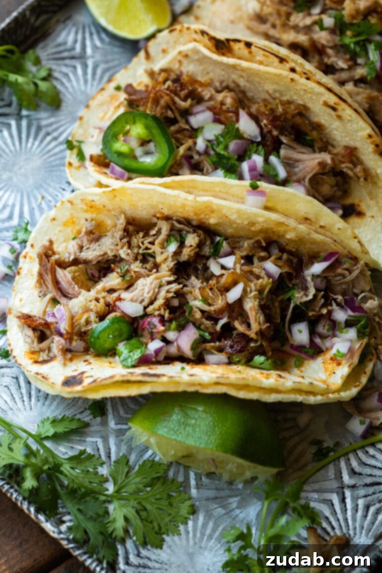 Crockpot Carnitas: Crispy & Juicy Pulled Pork 7 An overhead shot capturing two perfectly assembled pork carnitas tacos, showcasing their vibrant toppings and irresistible texture.